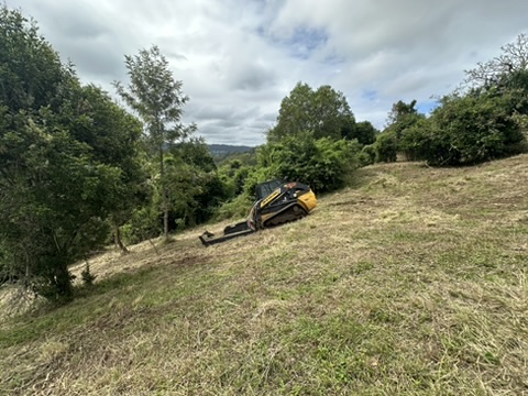 Compact tracked loader on uneven terrain, highlighting Stone & Rubble's land maintenance services in a green landscape.