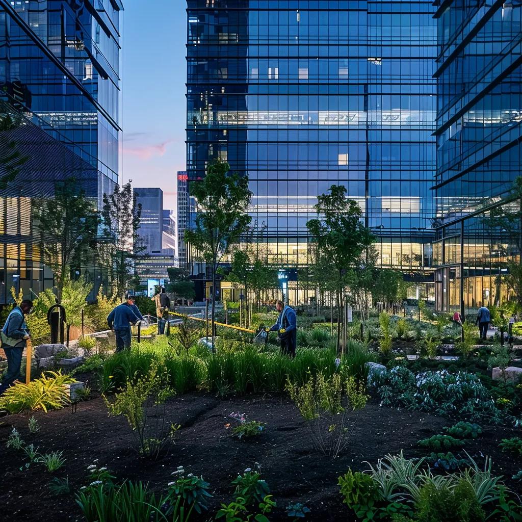 a bustling urban landscape showcases a team of professionals expertly applying vibrant mulch to a meticulously landscaped garden bed, framed by sleek office buildings under bright, artificial lighting.