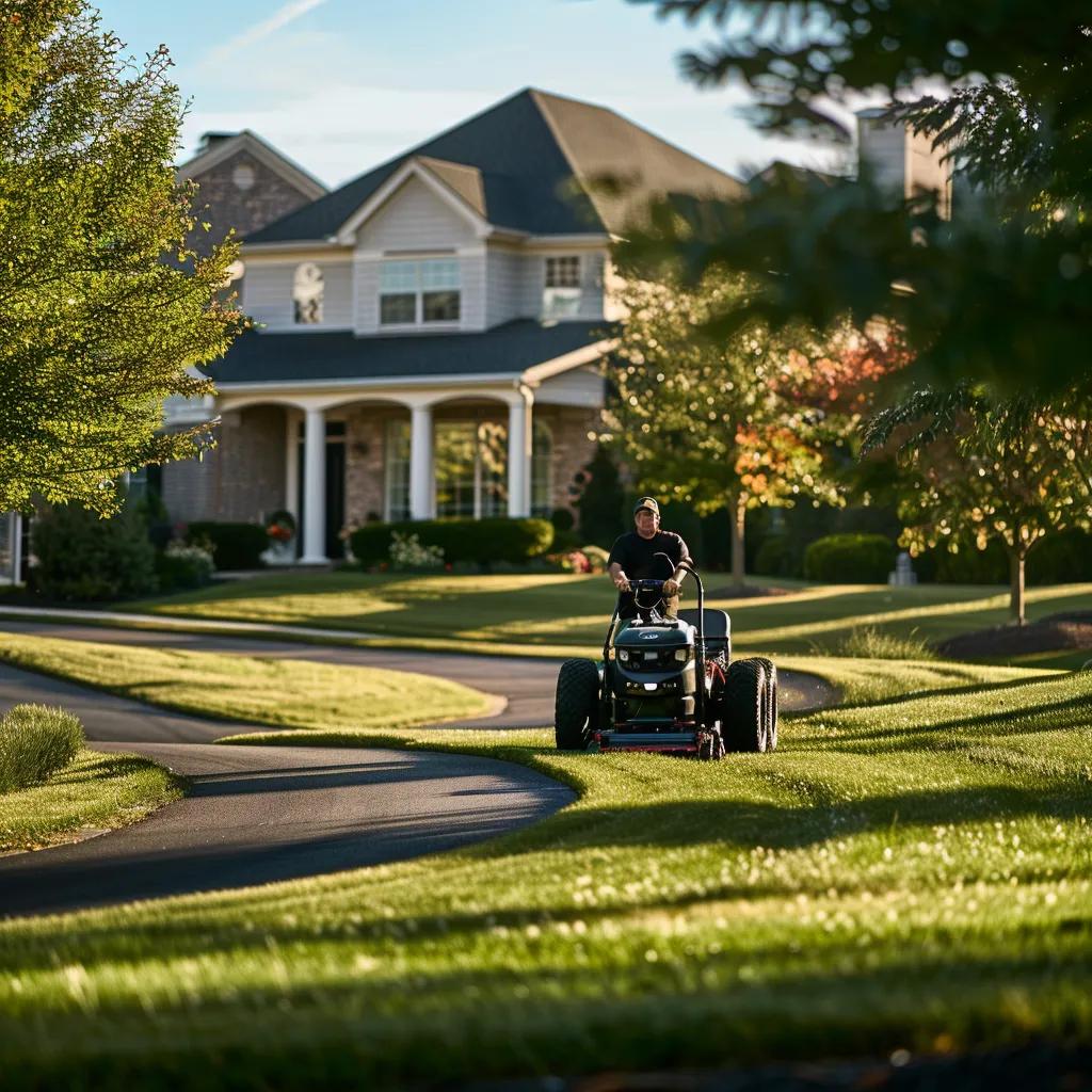 a professional team efficiently operates high-quality mowing equipment on a neatly manicured lawn in an upscale residential neighborhood, showcasing the reliability and expertise of their services.