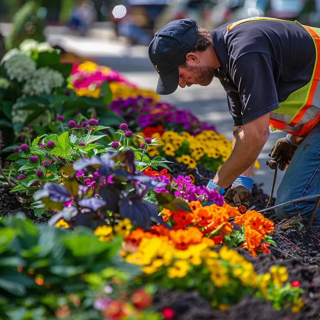 a vibrant urban landscape showcases a professional crew efficiently applying mulch to landscaped garden beds, with colorful flowers and neatly arranged plants highlighting their meticulous work.