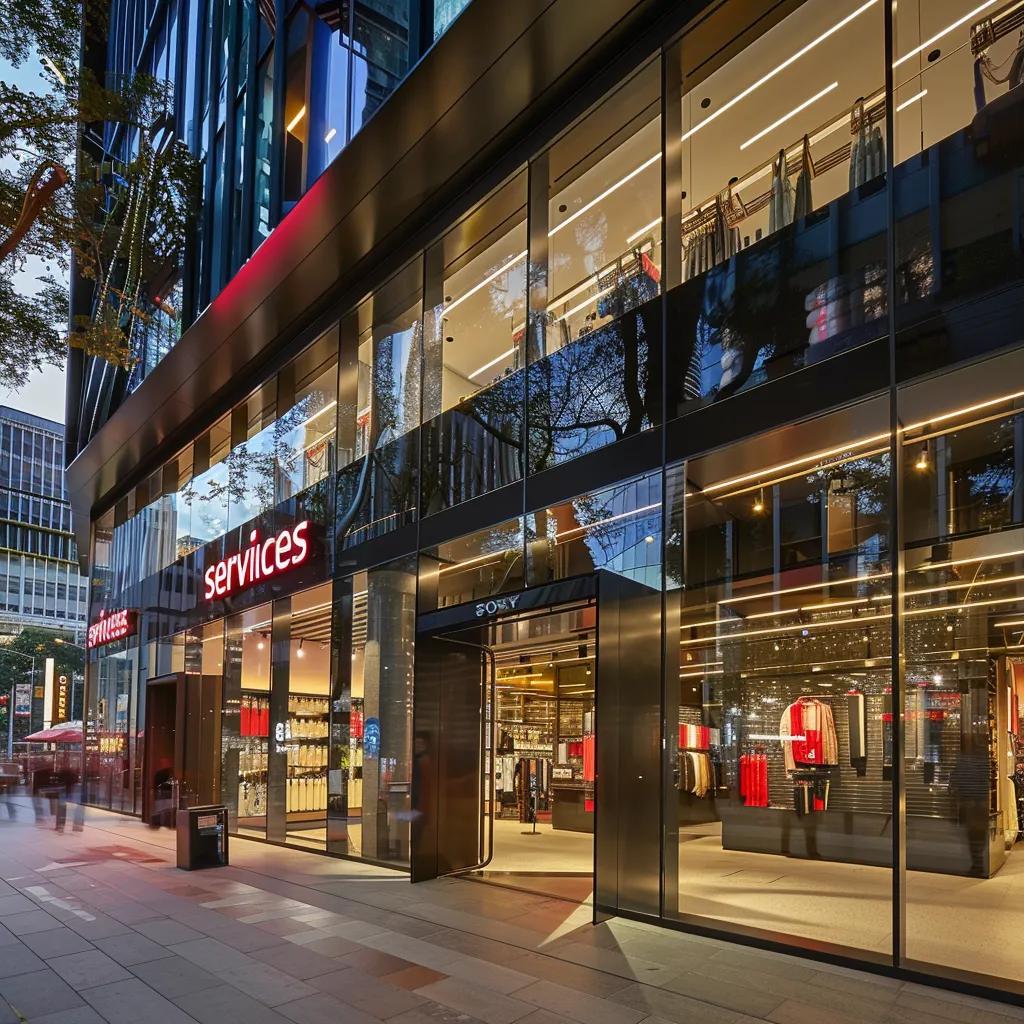 a dynamic urban setting features a sharp, modern storefront emblazoned with bold signage displaying "slashing services," capturing the essence of a bustling business hub.