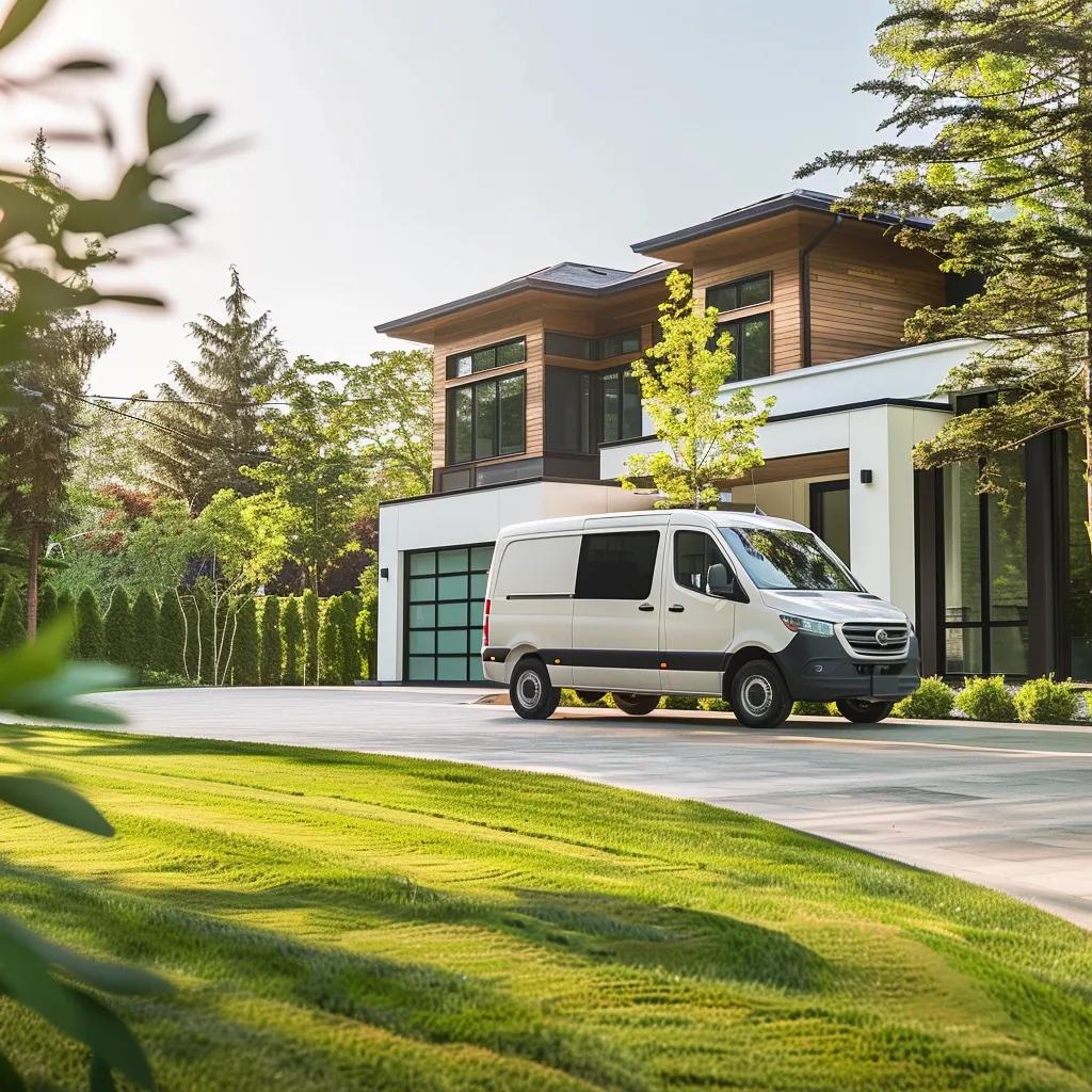 a professional-grade image capturing a sleek, modern lawn care service van parked on a pristine suburban driveway, with expertly mowed grass creating sharp contrasts of green against the clean geometric lines of a contemporary home in the background.