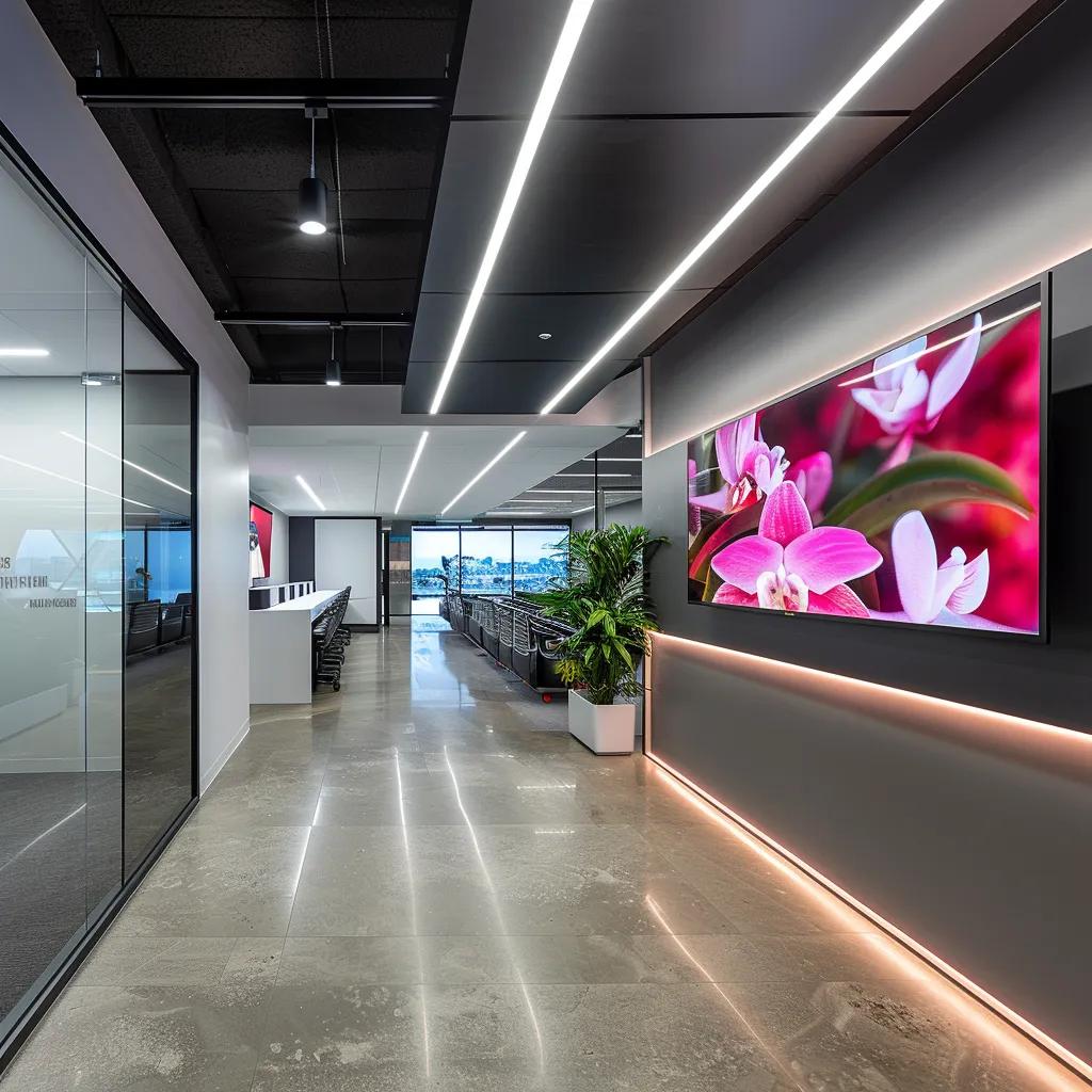 a sleek, modern office environment showcasing a large digital display filled with vibrant graphics advertising alstonville's slashing services, illuminated by dynamic lighting that emphasizes the cutting-edge technology at play.