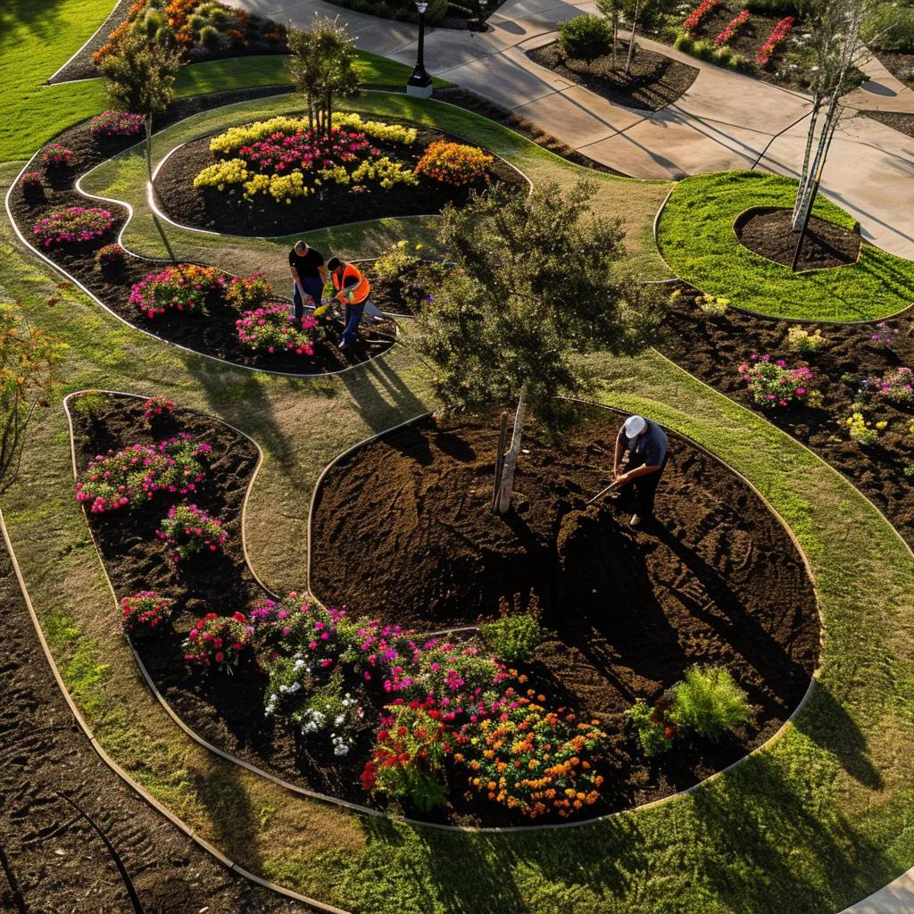 a vibrant, busy urban landscape showcases professional landscapers in action, expertly applying rich, dark mulch around meticulously arranged flower beds in a well-kept community park, emphasizing the transformative power of mulching services in enhancing aesthetic appeal.