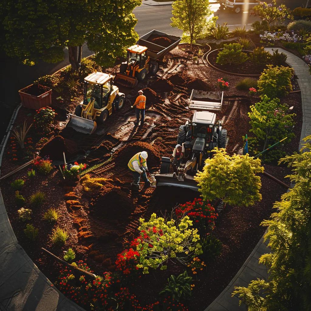 a vibrant, organized landscape of a professional mulching service in clunes, showcasing neatly arranged colorful mulch piled beside a freshly landscaped garden area, with workers efficiently maneuvering machinery in a bustling urban environment.