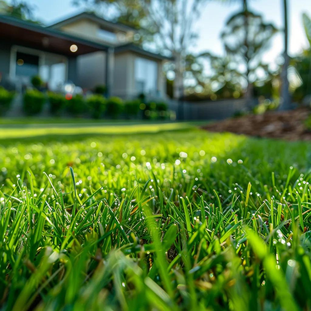 a vibrant, well-manicured lawn in an urban backyard is showcased with a professional-grade mower and neatly trimmed edges, highlighting the precision and quality of mowing services in kyogle.