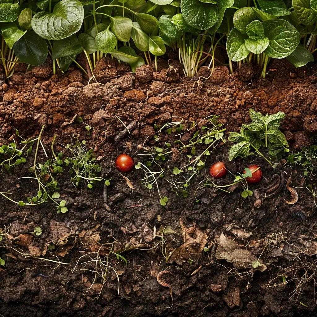 Close-up of rich mulch enhancing soil health with vibrant plants and earthworms