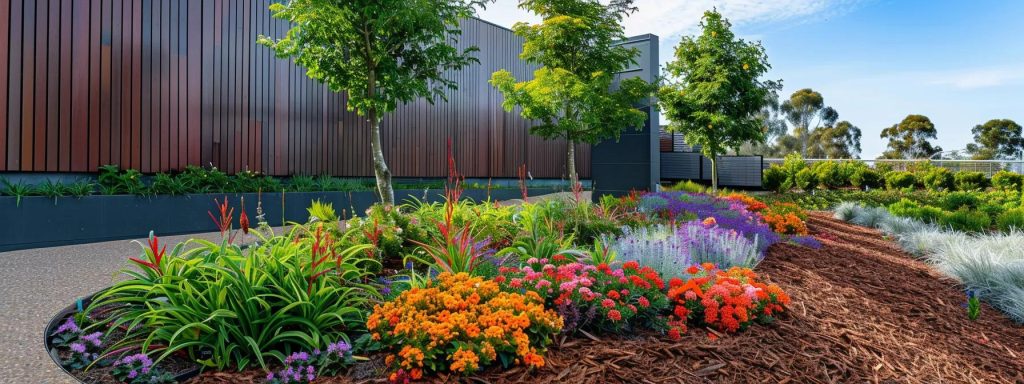 a modern urban garden showcases meticulously mulched flower beds, emphasizing the vibrant colors of the blooming plants and the neat organization of the space, inviting kyogle property owners to appreciate the transformative impact of professional mulching services.