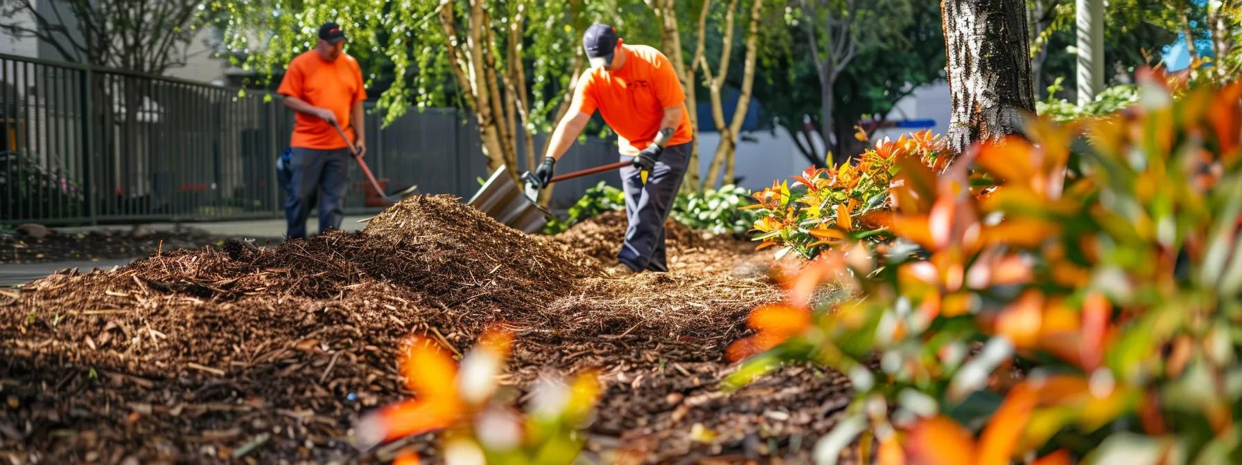 a professional landscaping team skillfully applies vibrant mulch in a meticulously organized urban garden, showcasing the meticulous transformation of the property into a polished, appealing outdoor space.
