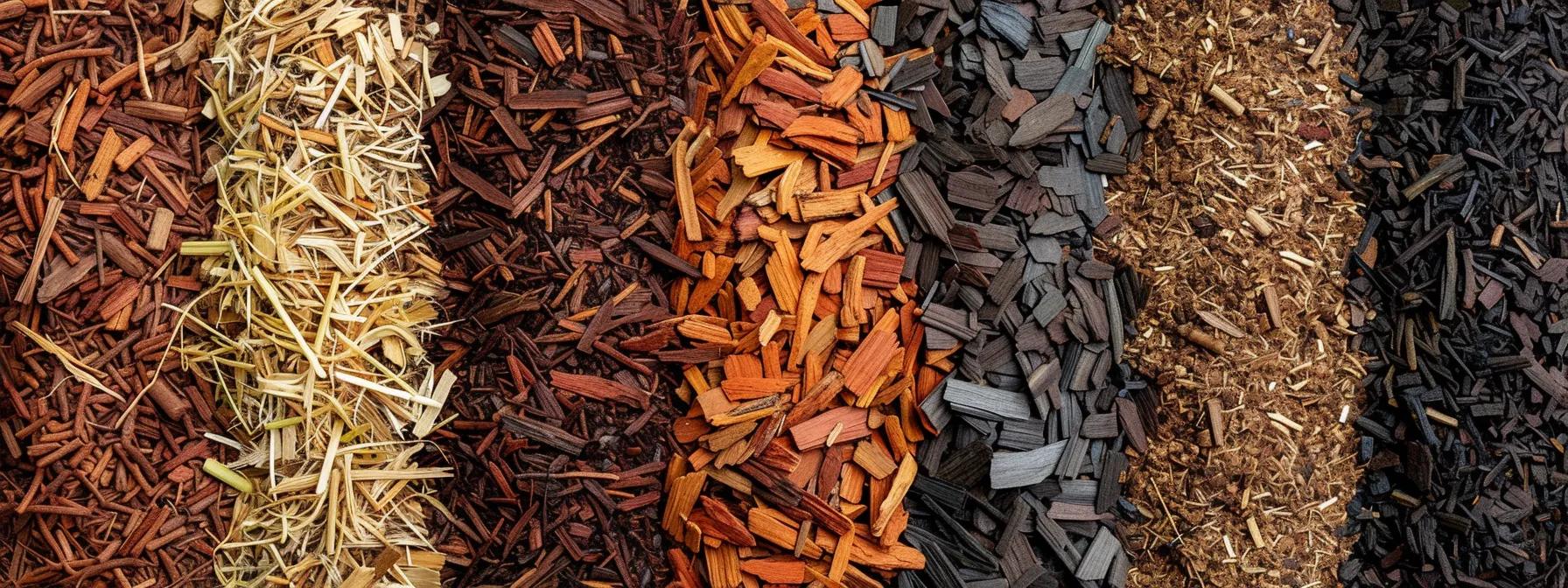 a vibrant showcase of various mulching materials, including rich wood chips, textured bark, and earthy straw, neatly organized in an urban garden setting, highlighting their distinct colors and textures against a clean, modern backdrop.