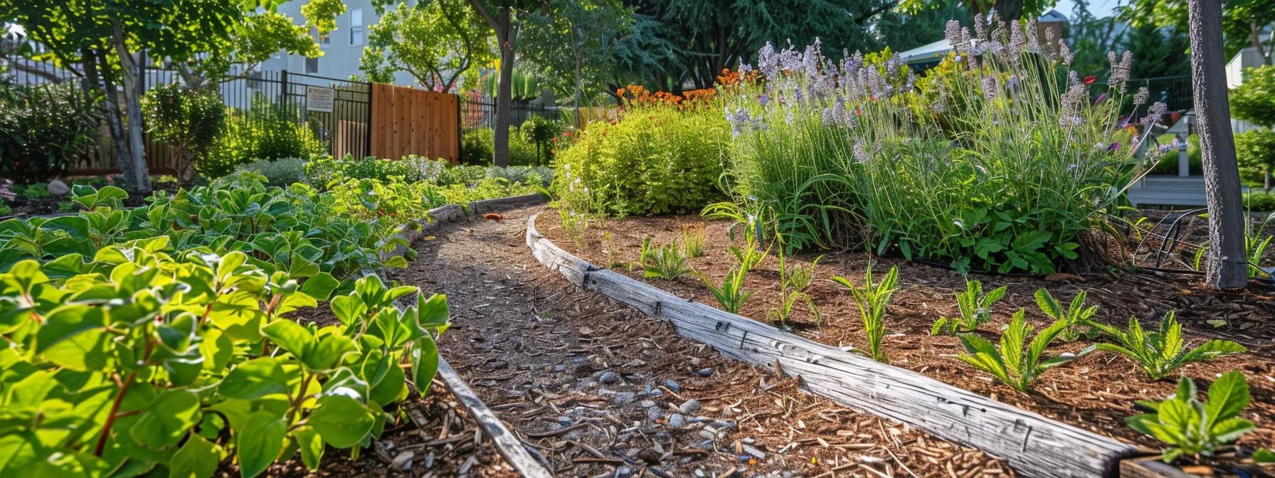 a vibrant urban community garden showcases meticulously layered mulch surrounding healthy plants, illustrating the benefits of sustainable landscaping practices that enhance soil quality and promote environmental health.