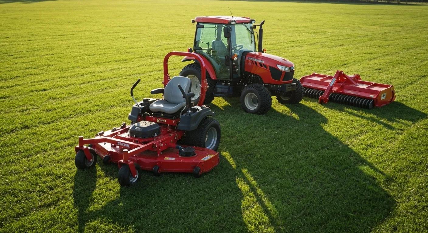Specialized equipment for acreage lawn mowing including a zero-turn mower, compact tractor, and posi-track slasher on a grassy field