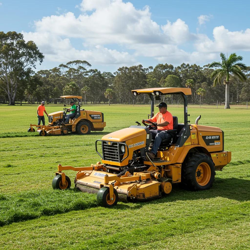 Professional team mowing a large commercial property on the Sunshine Coast with heavy-duty machinery