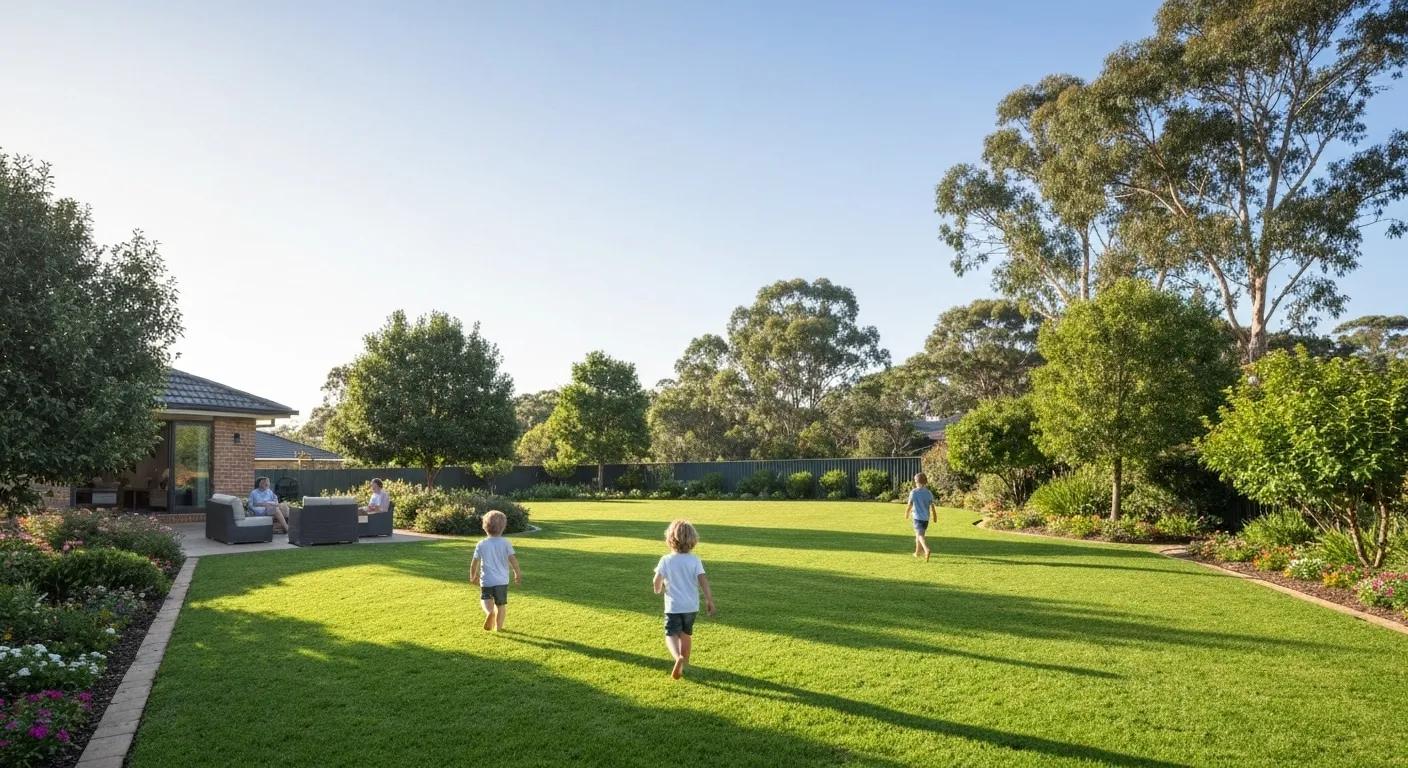 Beautifully manicured property showcasing the benefits of professional acreage lawn mowing with a family enjoying the outdoor space