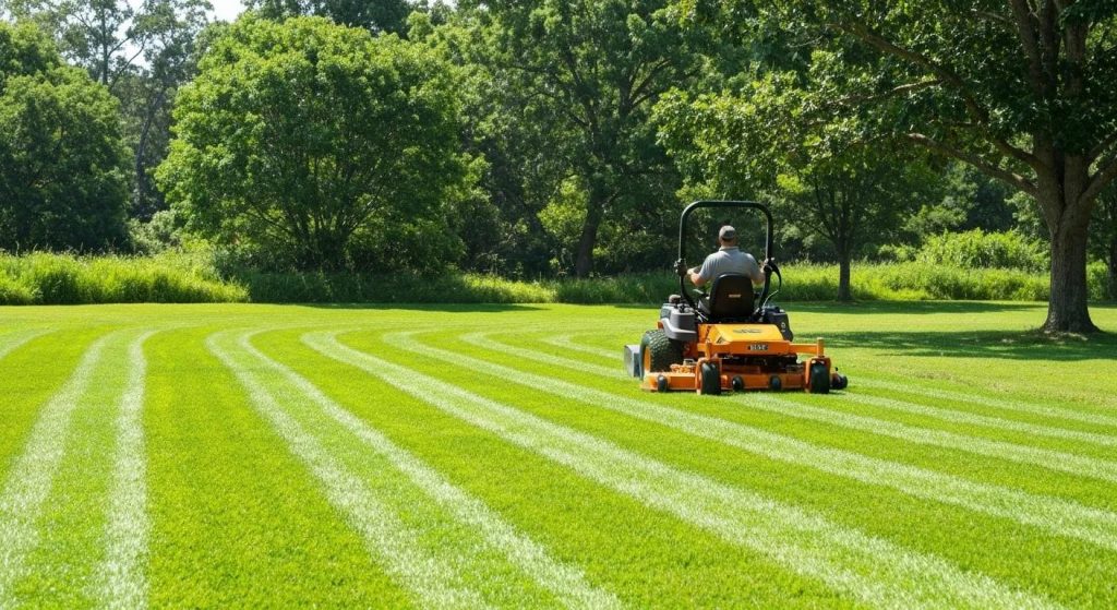 Professional acreage mowing service on a sunny day with a zero-turn mower in a lush green landscape