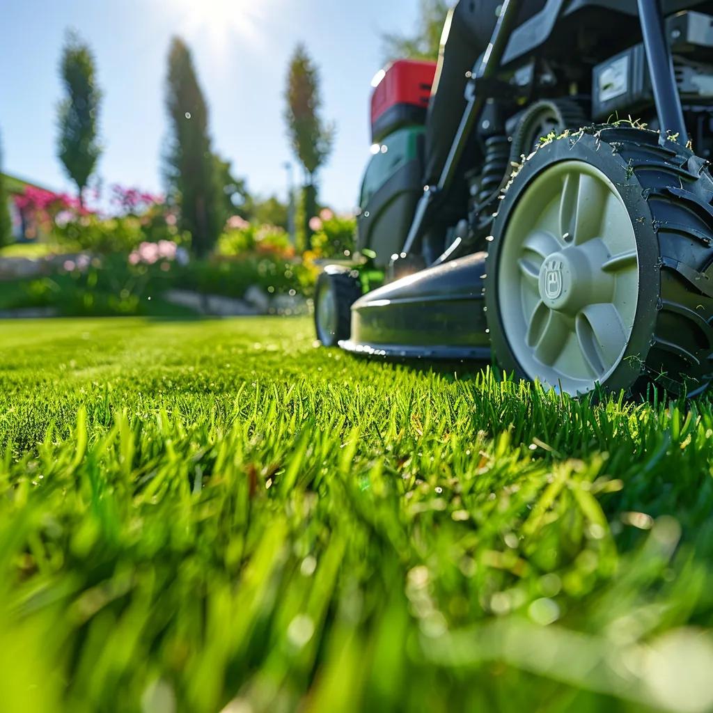 Professional lawn mowing service in Caloundra with a ride-on mower on a lush green lawn